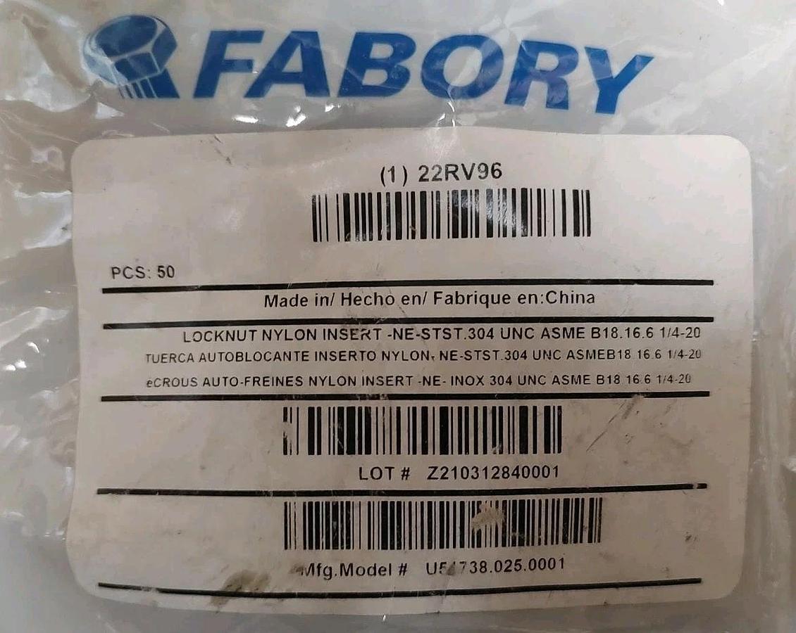 NEW Sealed 50 Pack Fabory 22RV96 Nylon Insert Locknut 1/4-20 304SS NE-STST