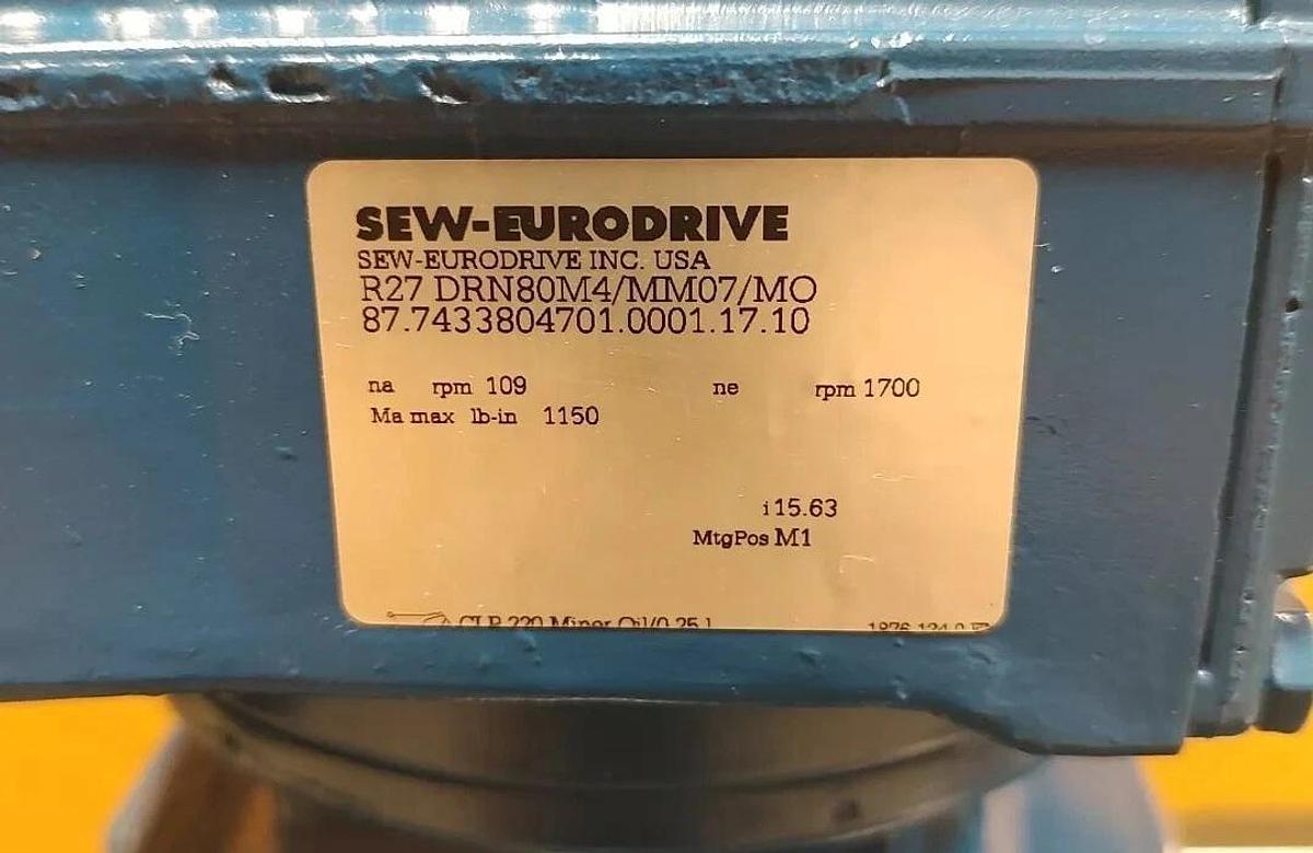 NOS Sew Euro MOVIMOT R27 DRN80M4 MM07 MO Gearmotor 109rpm 3ph 1hp 330/500VAC