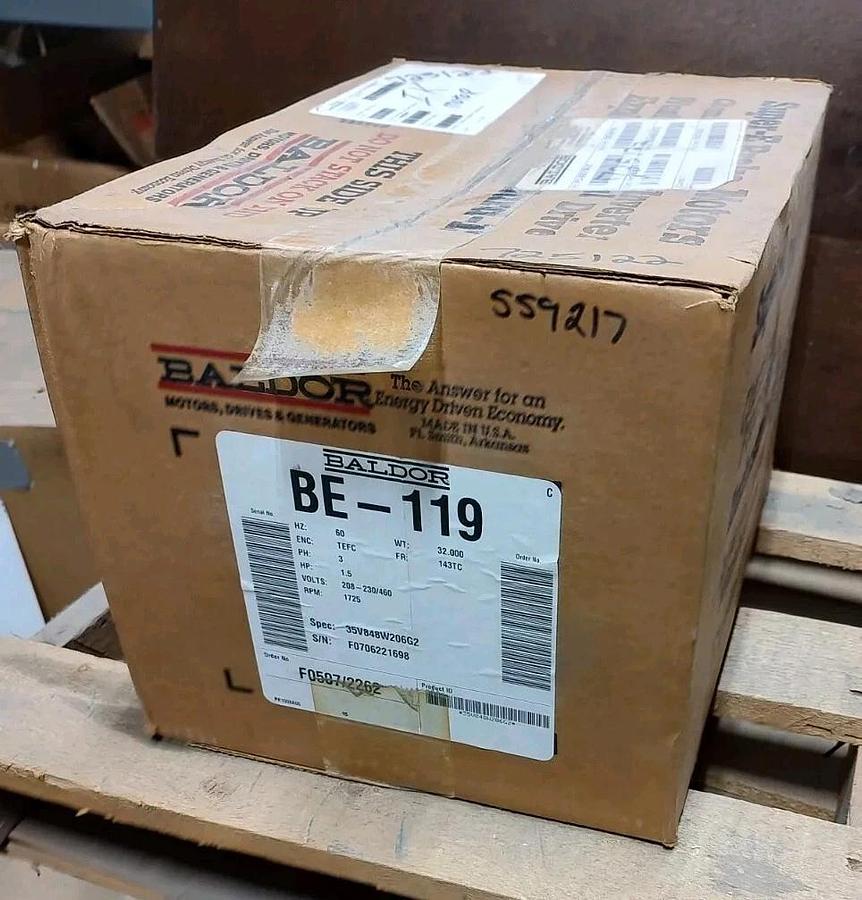 NEW Baldor BE-119 Motor 143TC 1-1/2hp 1725rpm 208-230/460VAC 35V848W206G2