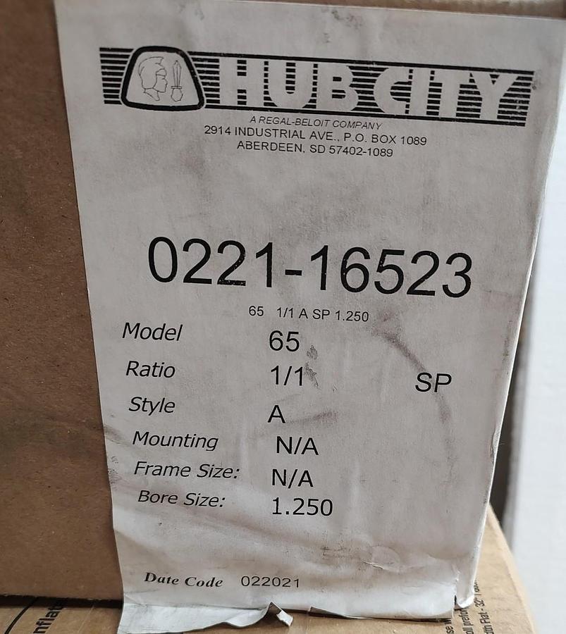NEW & Sealed Hub City 0221-16523 Model 65 Style A 1:1 Ratio 1.250" Bore