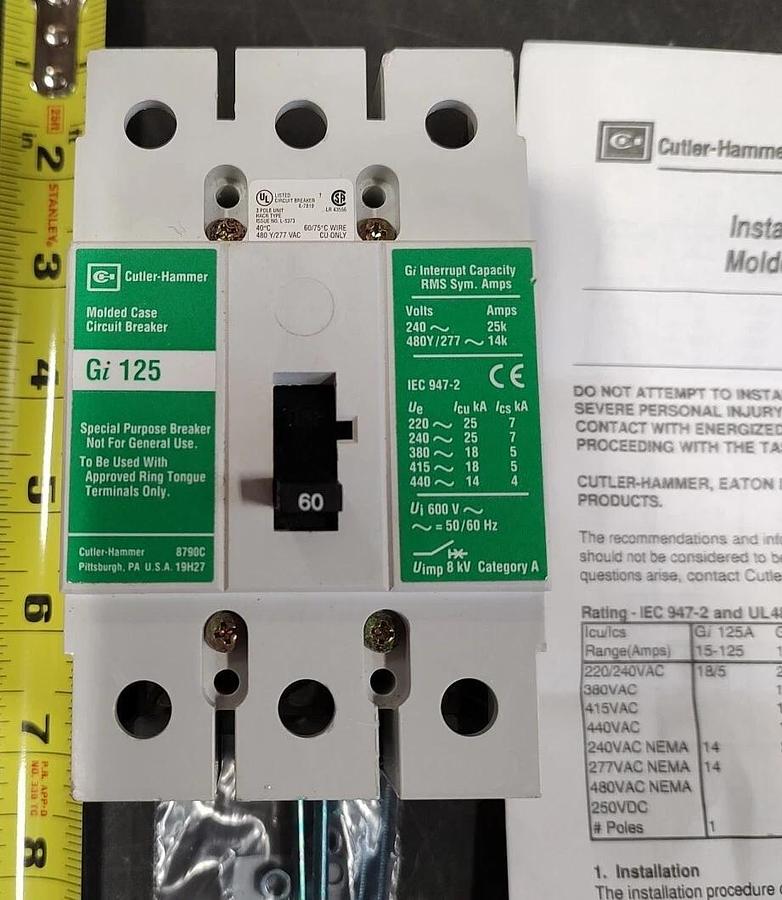 NOS Cutler- Hammer GI3060D Circuit Breaker 60A 415VAC 3pole thermal magnetic