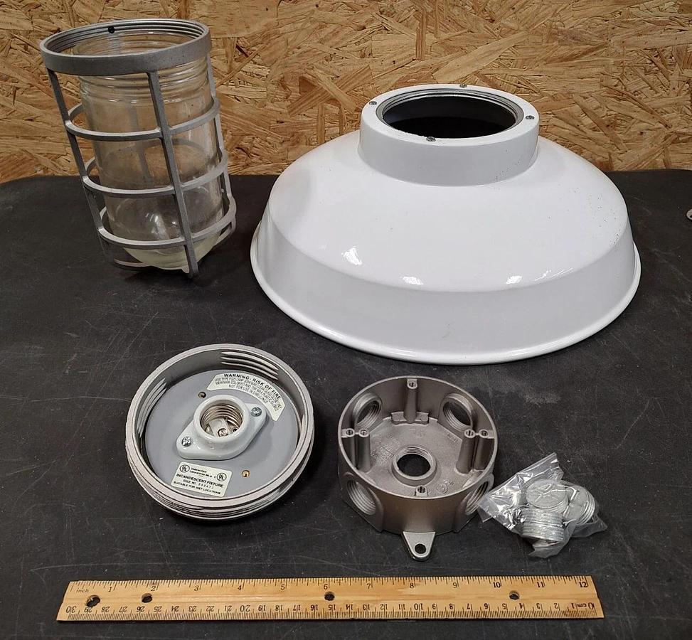 NOS 16" White Farmhouse BARN LIGHT Fixture w/Shade Jar & CAST ALUMINUM Cage