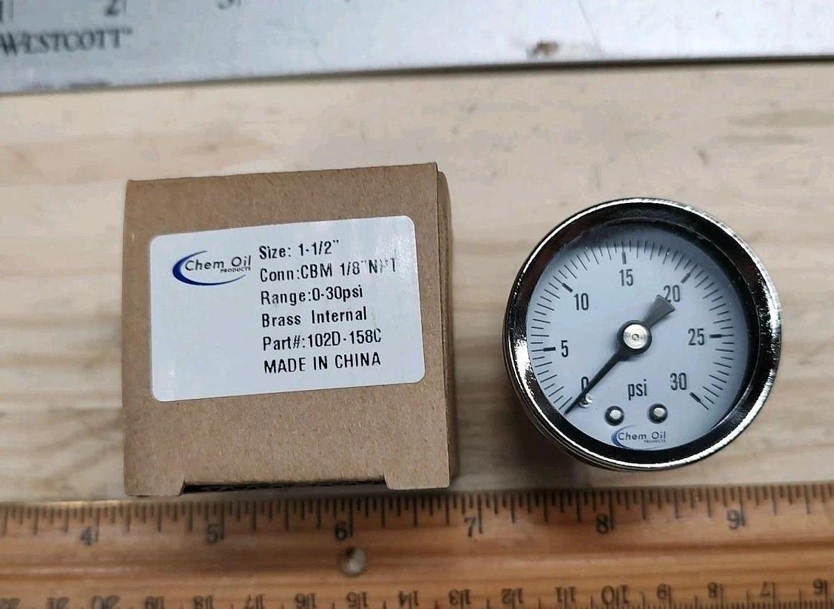 NEW Chem Oil 102D-158C Gauge CHROME 1-1/2" 0-30 psi Brass Internal CBM 1/8" NPT