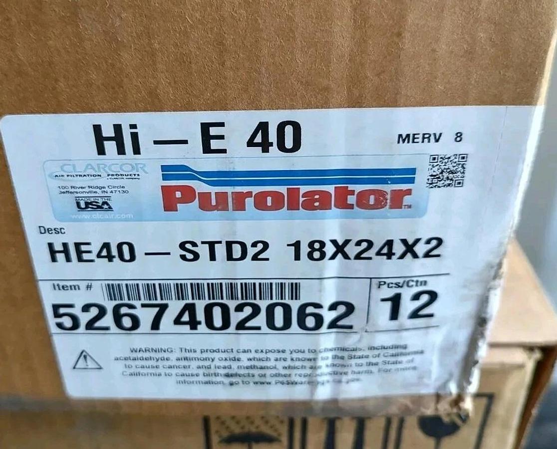 NEW LOT OF 12 PUROLATOR Hi-E 40 MERV 8 FILTERS 18 X 24 X 2 HE40-STD2 5267402062