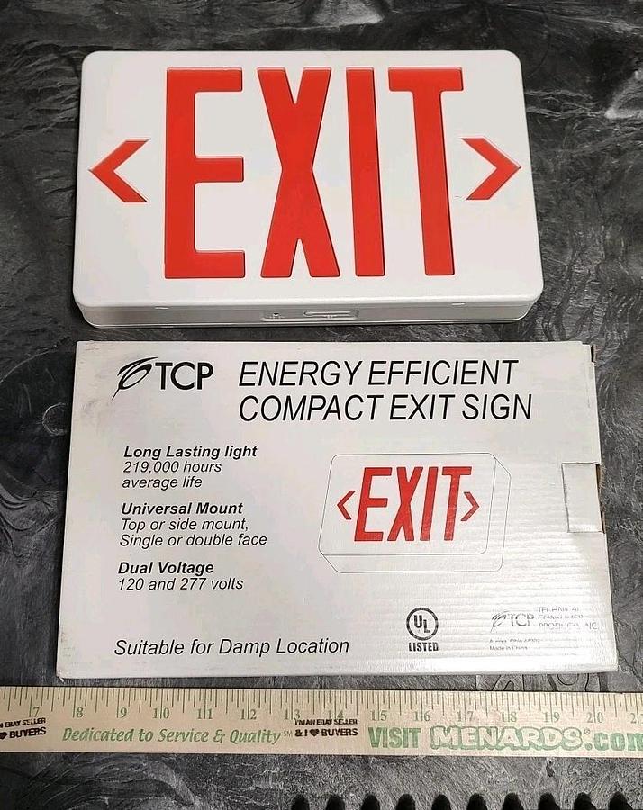 NEW TCP 22743 RED Compact LED Exit Sign Damp Locations w/ AC & DC Backup