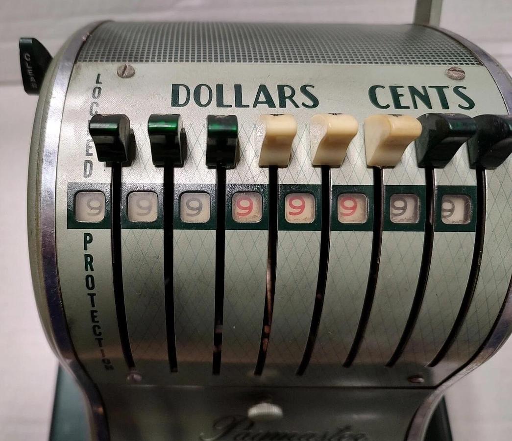Used Vintage Paymaster Series X-2000 Check Writer Green w/Key & Cover S/N 8M31410