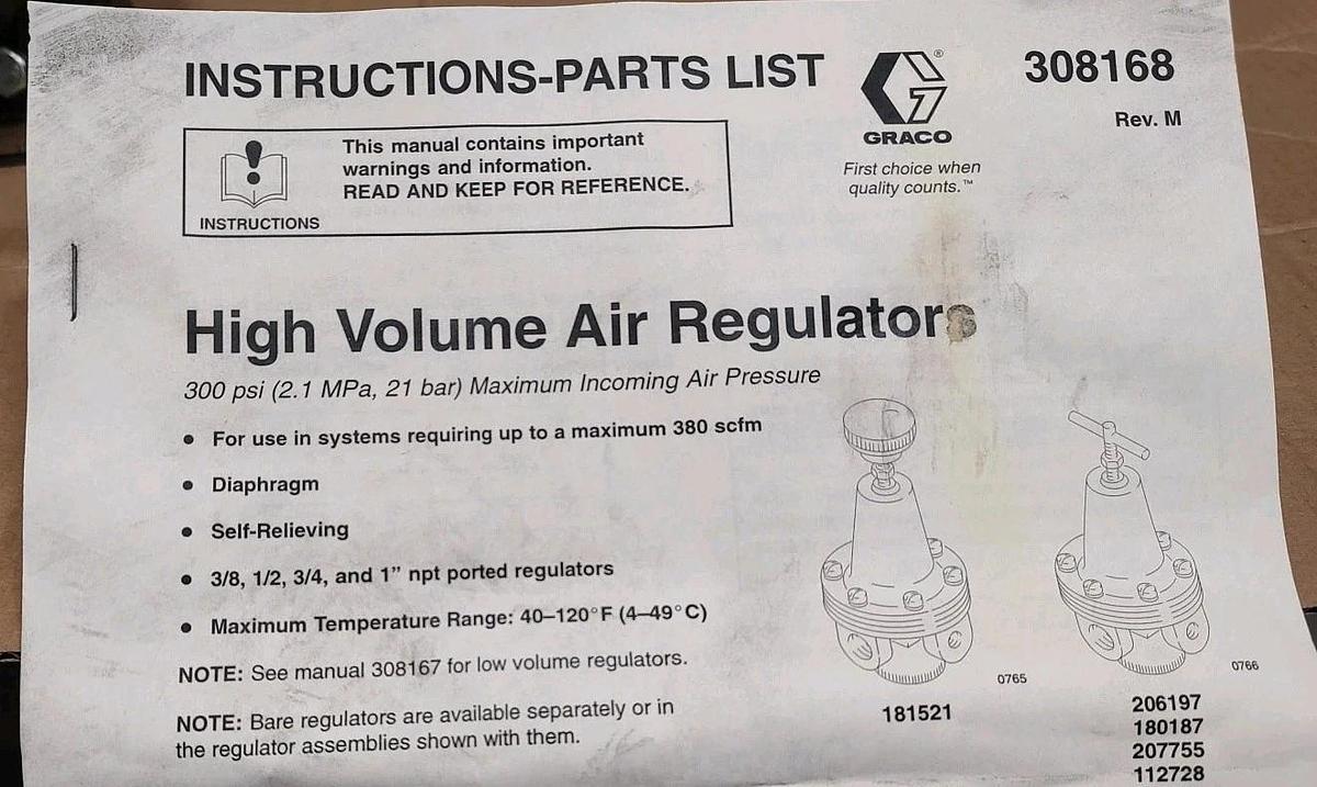 NEW Graco 207755 High Volume Air Regulator, 3/4npt Ports 300psi 380scfm MAX