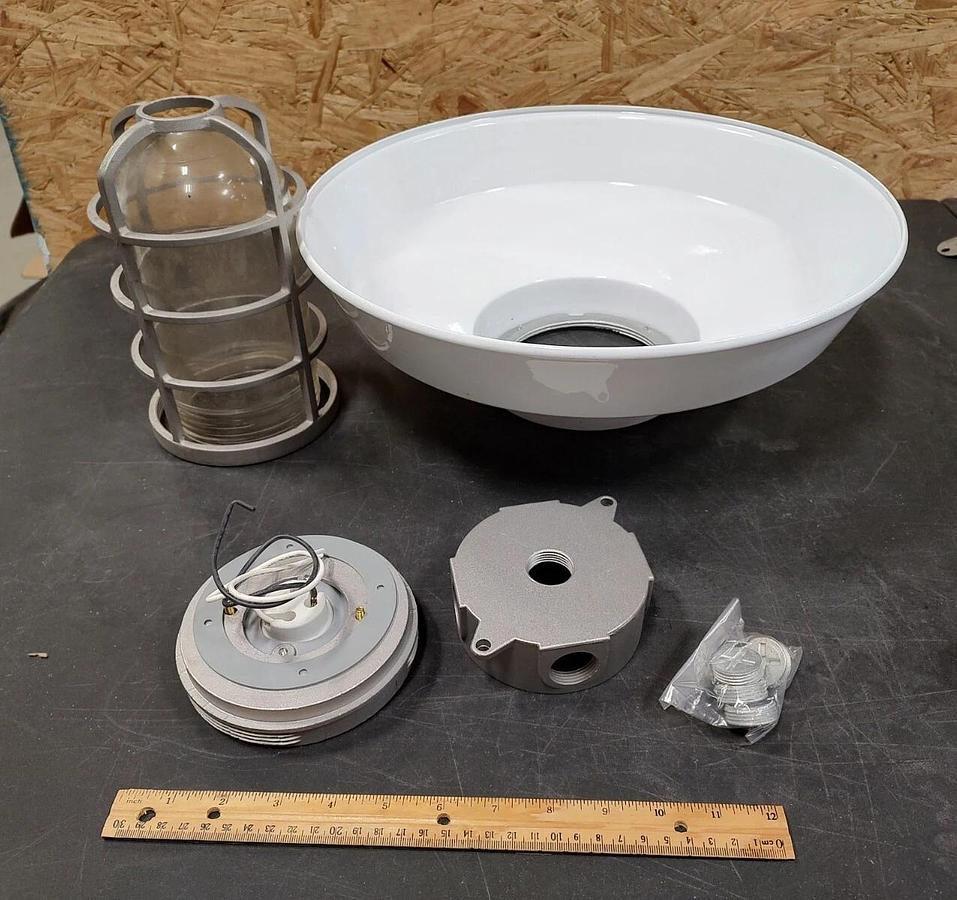 NOS 16" White Farmhouse BARN LIGHT Fixture w/Shade Jar & CAST ALUMINUM Cage