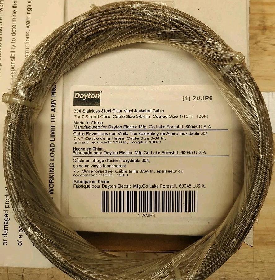 NEW Dayton 2VJP6 Vinyl Coated Stainless Steel Cable, 3/64 - 1/16, 7x7 X 100ft