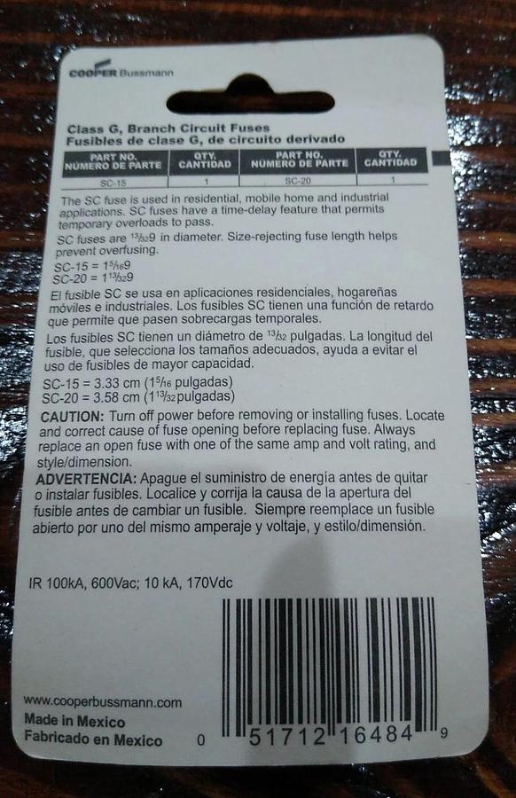 2 Pack - Cooper Bussmann BP/SC-A Time Delay Fuse 15A & 20A