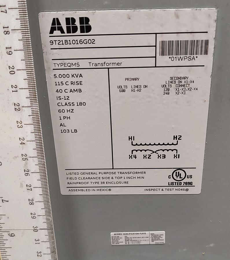  NEW ABB Dry Type Transformer 9T21B1016G02, 5KVA 600VAC Primary, 120/240VAC Secondary 