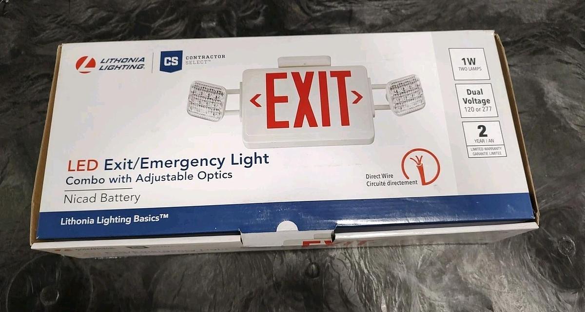 NOS Lithonia Lighting LED Exit/Unit Sign Combo ECR LED M6 w/ 210LA4 Lamp Heads
