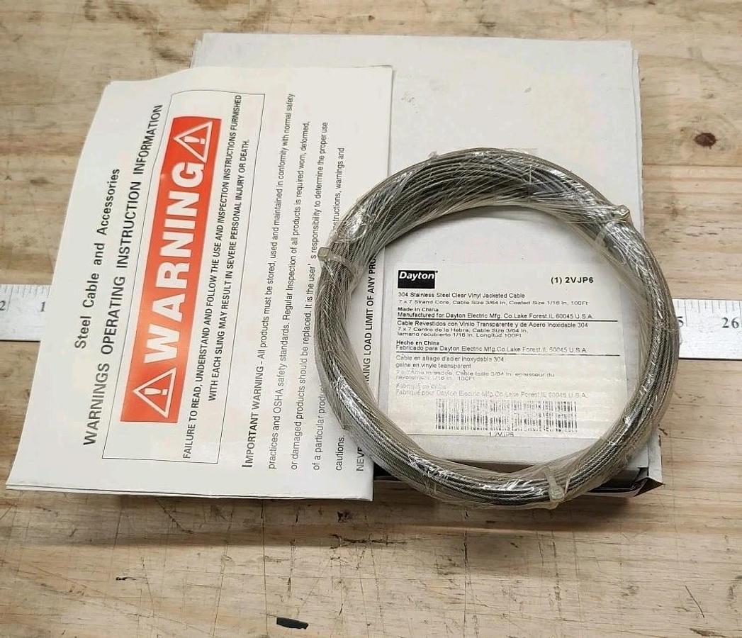 NEW Dayton 2VJP6 Vinyl Coated Stainless Steel Cable, 3/64 - 1/16, 7x7 X 100ft