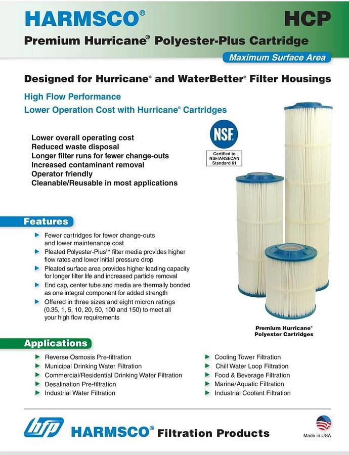 NEW Genuine Harmsco HC/90-10 Hurricane Polyester Cartridge 19-1/2" X 7-3/4"