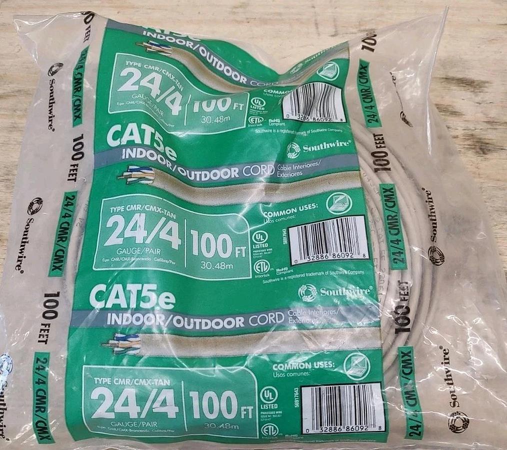 NEW&Sealed Southwire 100 ft. 24/4 CAT 5E Indoor/Outdoor Cord Type CMR/CMX-TAN