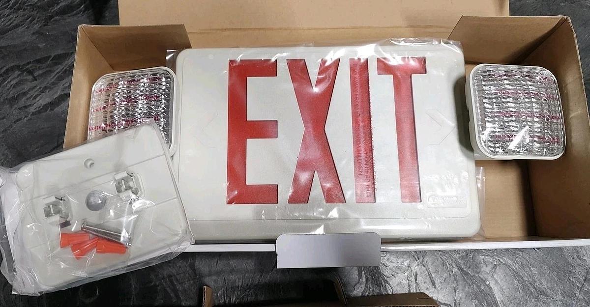 NOS Lithonia Lighting LED Exit/Unit Sign Combo ECR LED M6 w/ 210LA4 Lamp Heads