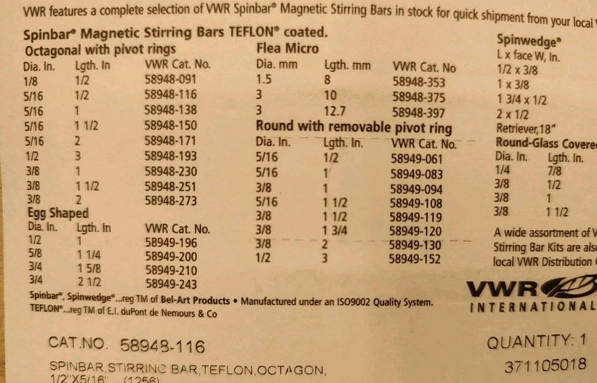 NEW Lot of 4 VWR 58948-116 Octagon magnetic stirring bars teflon 1/2" x 5/16"