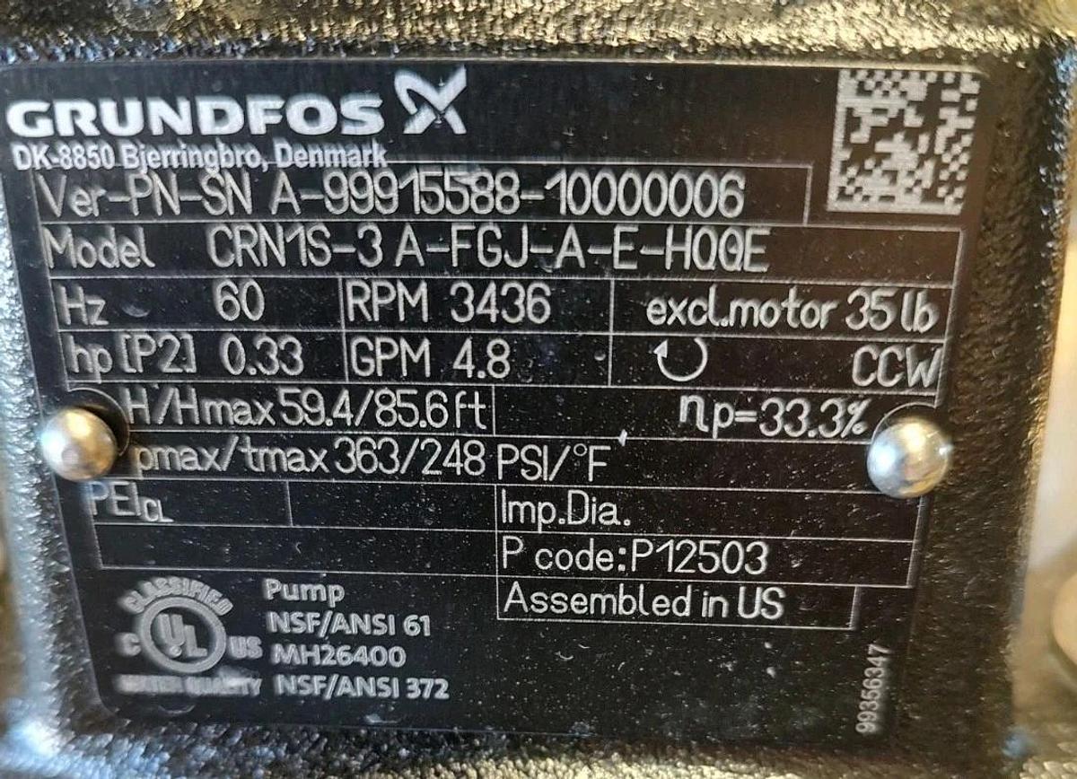 Used USED Grundfos CRN1S-3 A-P-G-E-HQQE Vertical Centrifugal Pump 1.5" 4.8gpm 9991558
