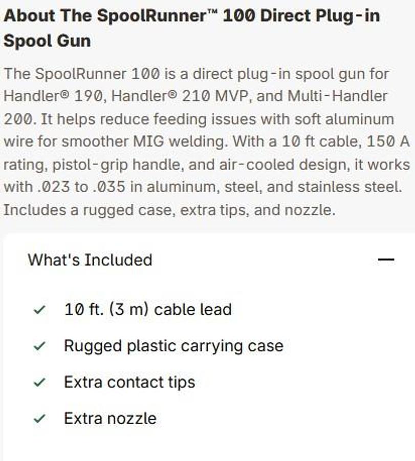 BRAND NEW Hoboart 300796 SpoolRunner™ 100 Direct Plug-in Spool Gun for Handler® 190, Handler® 210 MVP, and Multi-Handler 200