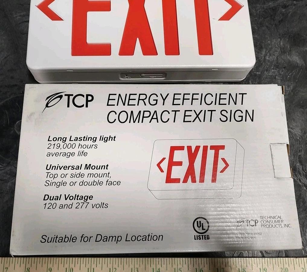 NEW TCP 22743 RED Compact LED Exit Sign Damp Locations w/ AC & DC Backup