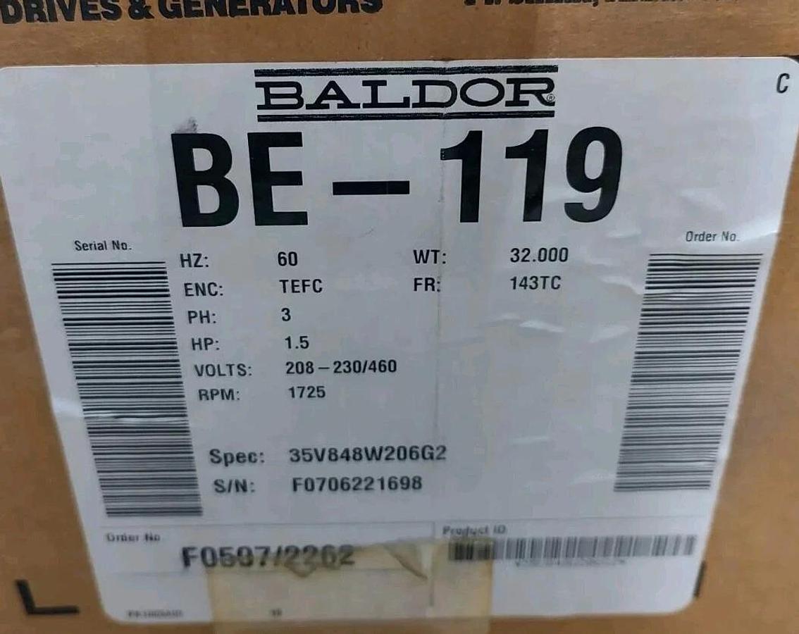 NEW Baldor BE-119 Motor 143TC 1-1/2hp 1725rpm 208-230/460VAC 35V848W206G2