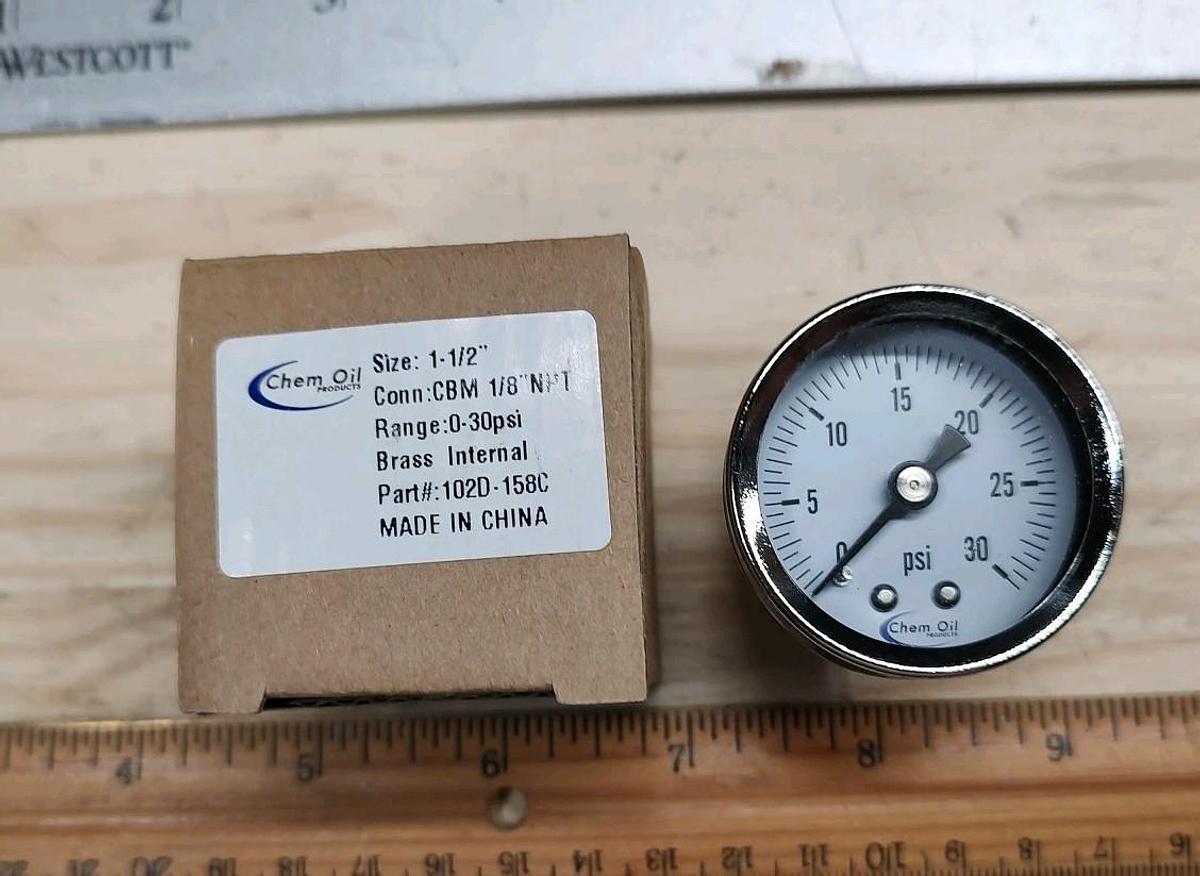 NEW Chem Oil 102D-158C Gauge CHROME 1-1/2" 0-30 psi Brass Internal CBM 1/8" NPT