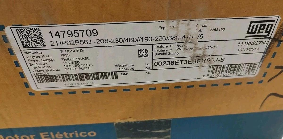 NEW WEG JET PUMP Motor 00236ET3EJPR56J-S 3520RPM, 2.0HP TEFC FOOTLESS