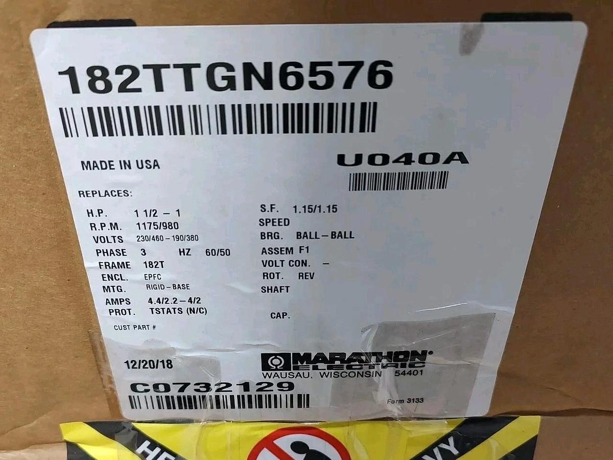 NEW Marathon 182TTGN6576 1.5HP 1765/1470 RPM 182T Frame 230/460 EPFC