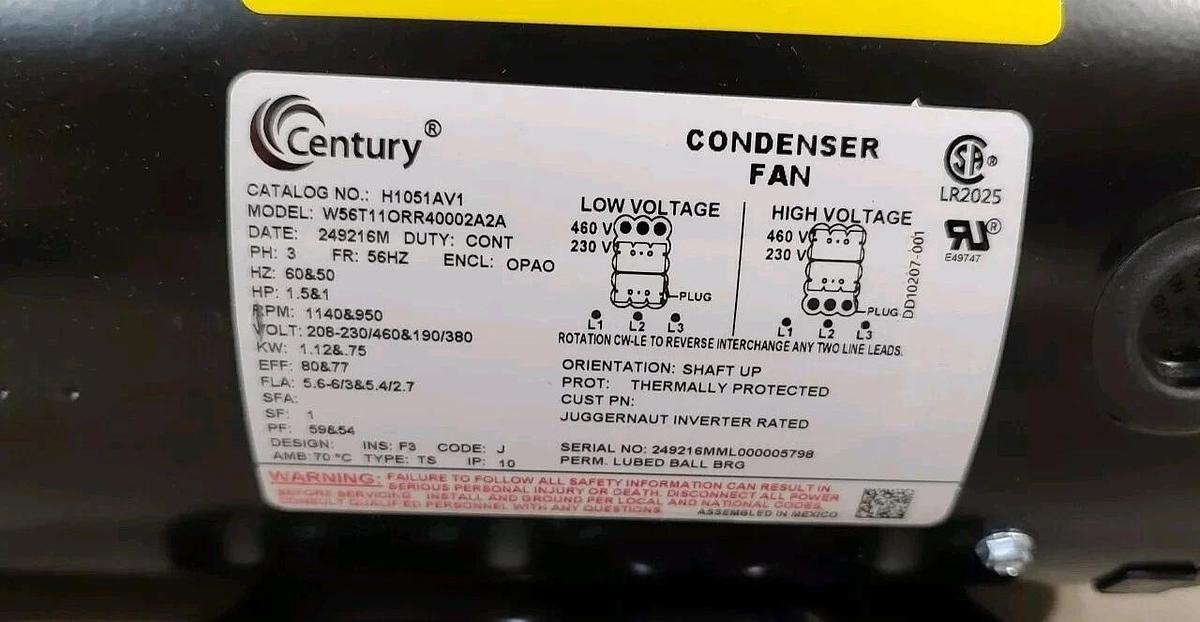 NEW STOCK CENTURY H1051AV1 JuggarNaut CONDENSER FAN MOTOR