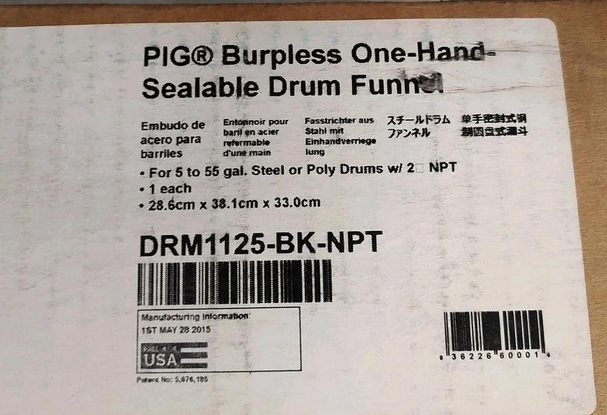 NEW PIG DRM1125-BK-NPT Drum Funnel, Black, Steel, NPT Threads Lockable 452K61