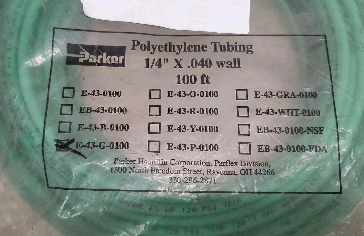 NEW Roll 100’ Parker E-43-G-0100 Polyethylene Tubing 1/4" OD X .040 Wall Green