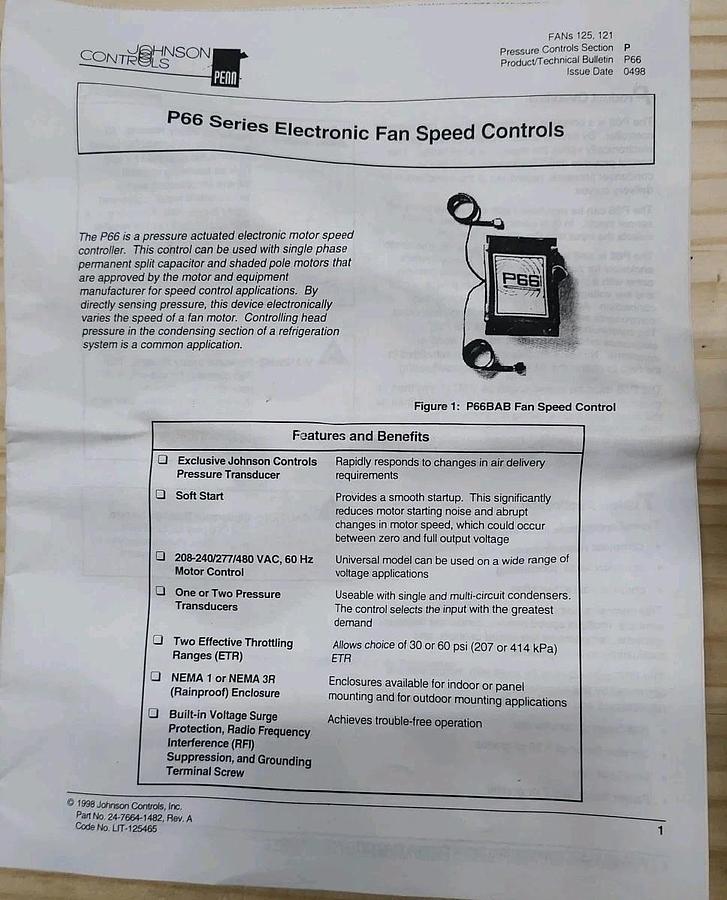 NEW in OPEN Box Johnson Controls P66BAB-1C TDR66A-4000 P66 Electronic Fan Speed