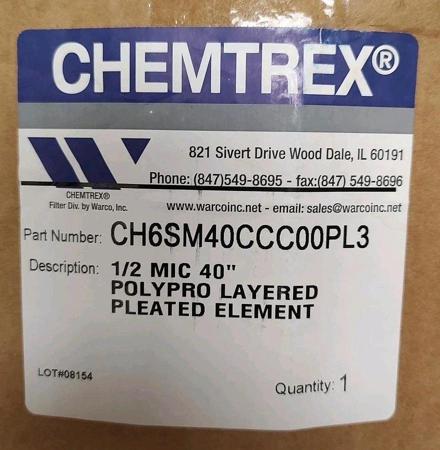 NEW Chemtrex CH6SM40CCC00PL3 40" X 6.25" 0.5 MIC Polypro LayeredPleated Element