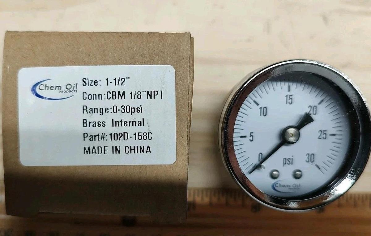 NEW Chem Oil 102D-158C Gauge CHROME 1-1/2" 0-30 psi Brass Internal CBM 1/8" NPT