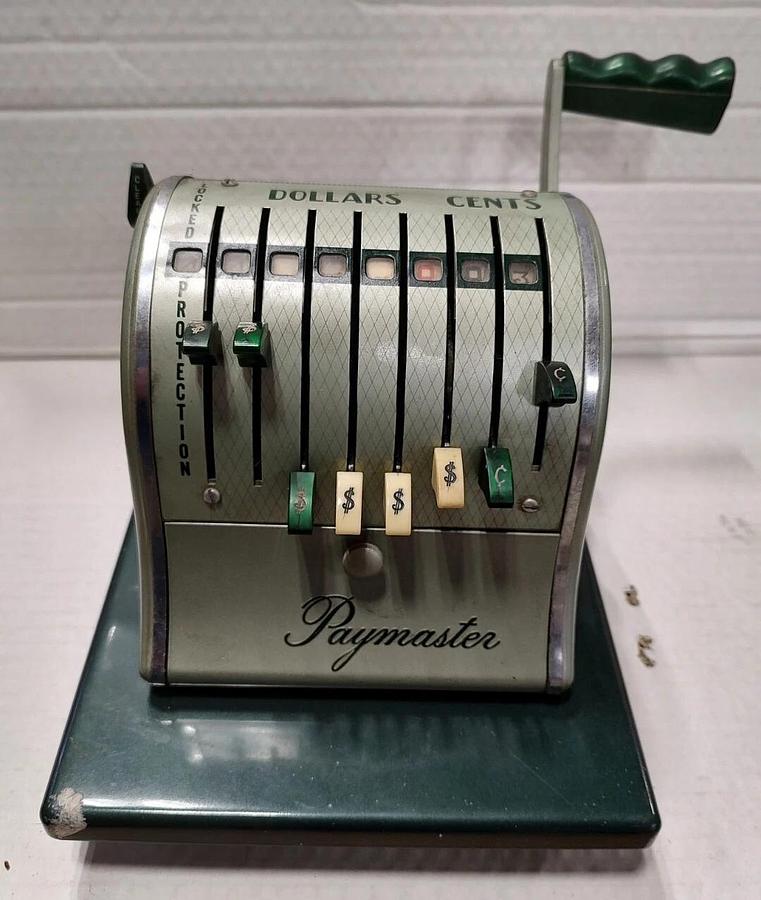 Used Vintage Paymaster Series X-2000 Check Writer Green w/Key & Cover S/N 8M31410