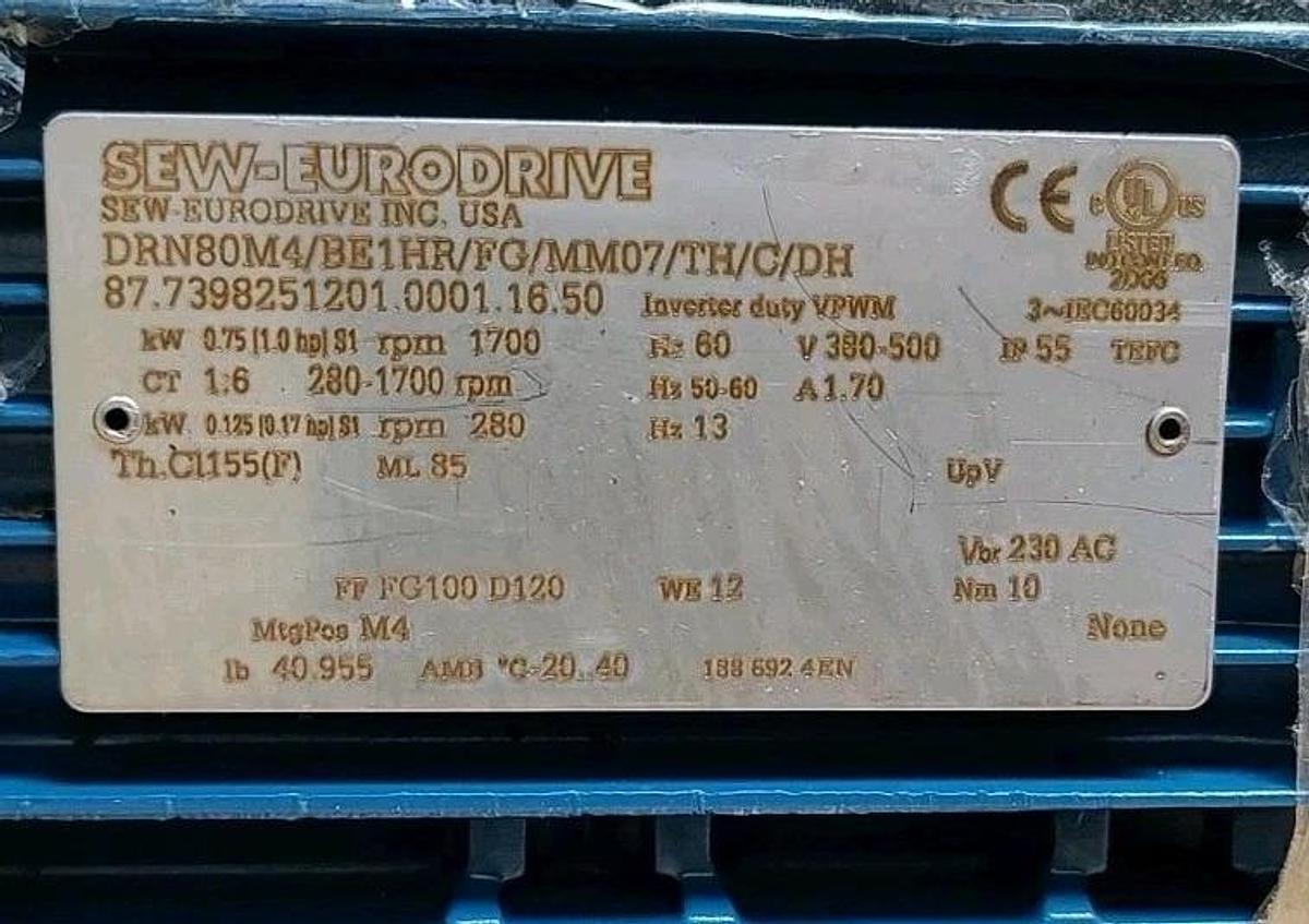 NEW SEW-EURODRIVE DRN80M4/BE1HR/FG/MM07/TH/C/DH Gearmotor - 1hp 280-1700rmp 60Hz