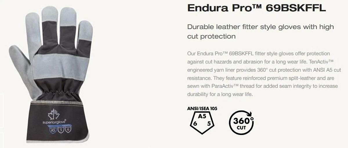 NEW Superior Glove Endura 69BSKFFL LARGE Size 9 Leather Fitters w/Kevlar liner