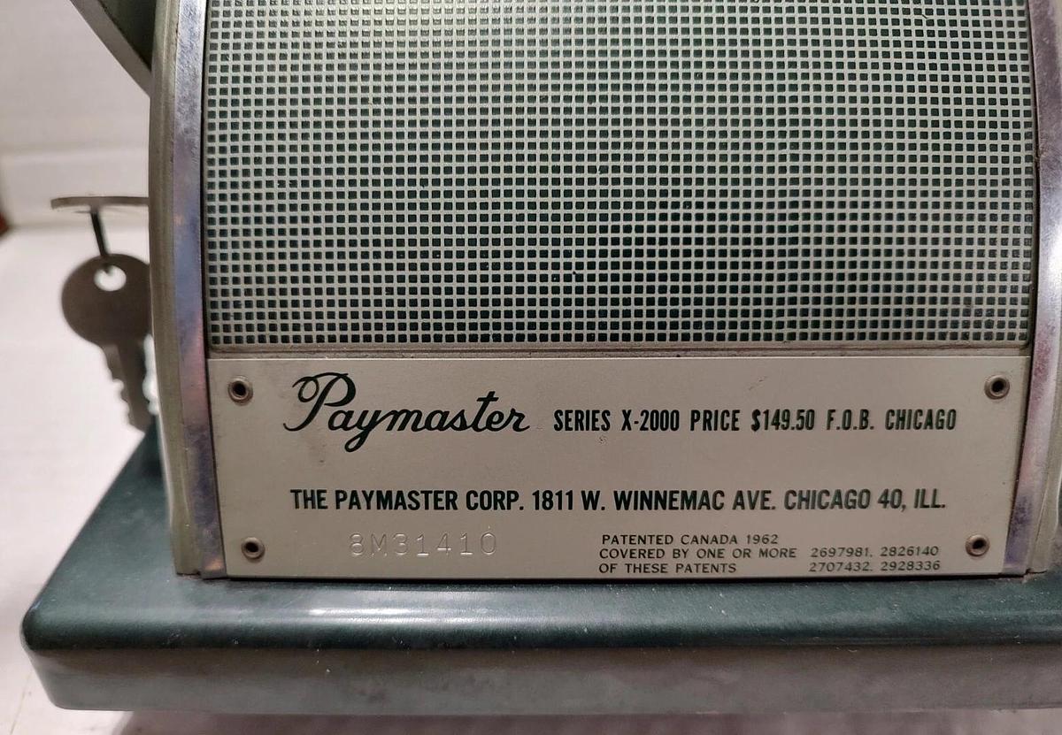 Used Vintage Paymaster Series X-2000 Check Writer Green w/Key & Cover S/N 8M31410