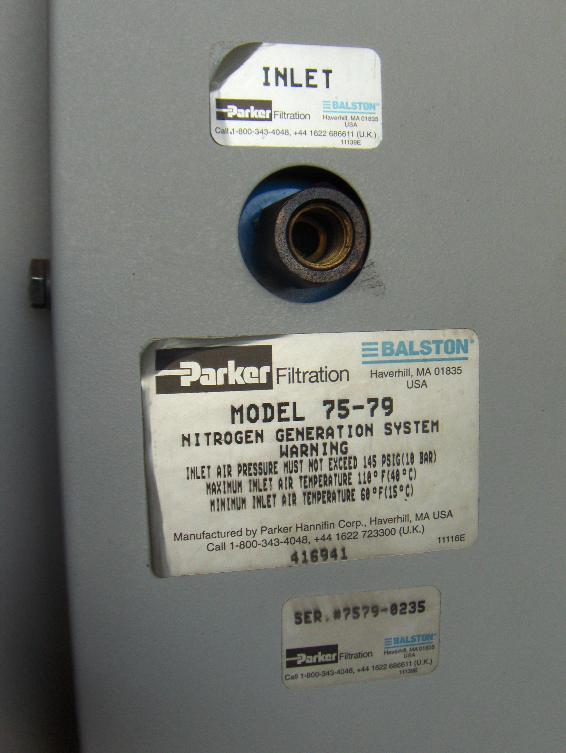 Used Parker Mdl. 75-79 Nitrogen Generator, Serial #7579-0235