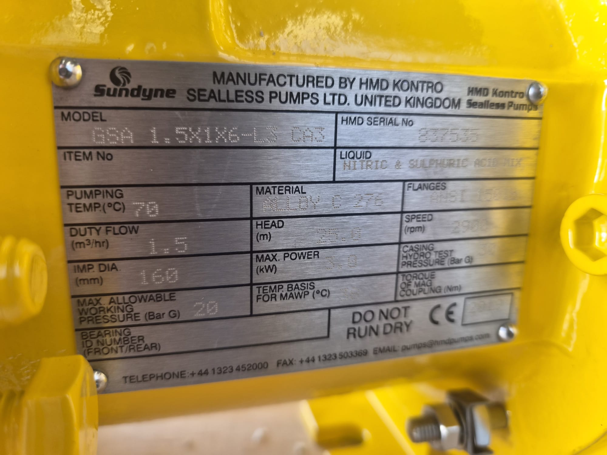 Sundyne HMD Kontro 1.5X1X6 Sealless Magnetic Drive Centrifugal Pump