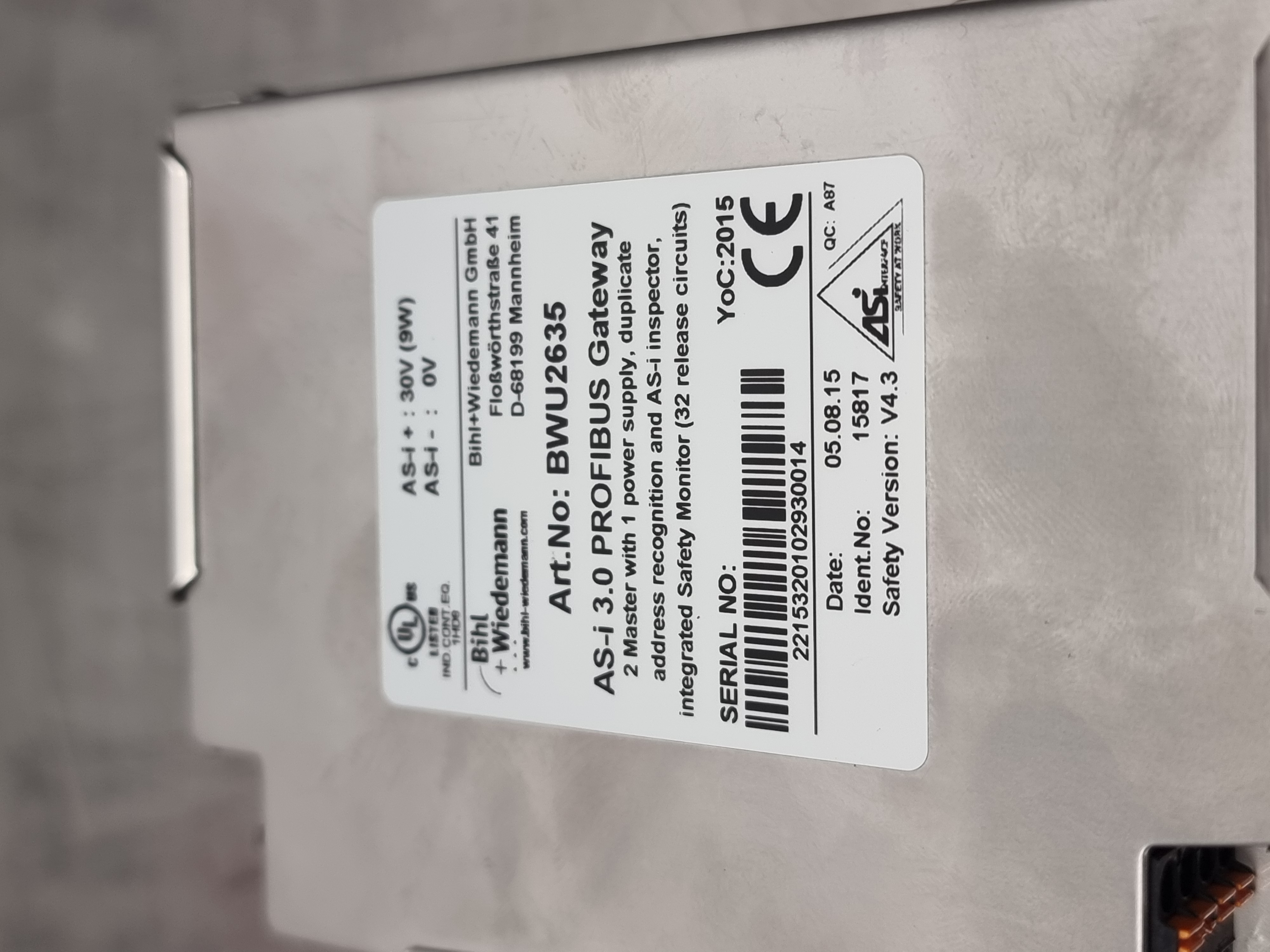 Used Bihl + Wiedemann BWU2635 AS-i Profibus Gateway | Version: V4.3