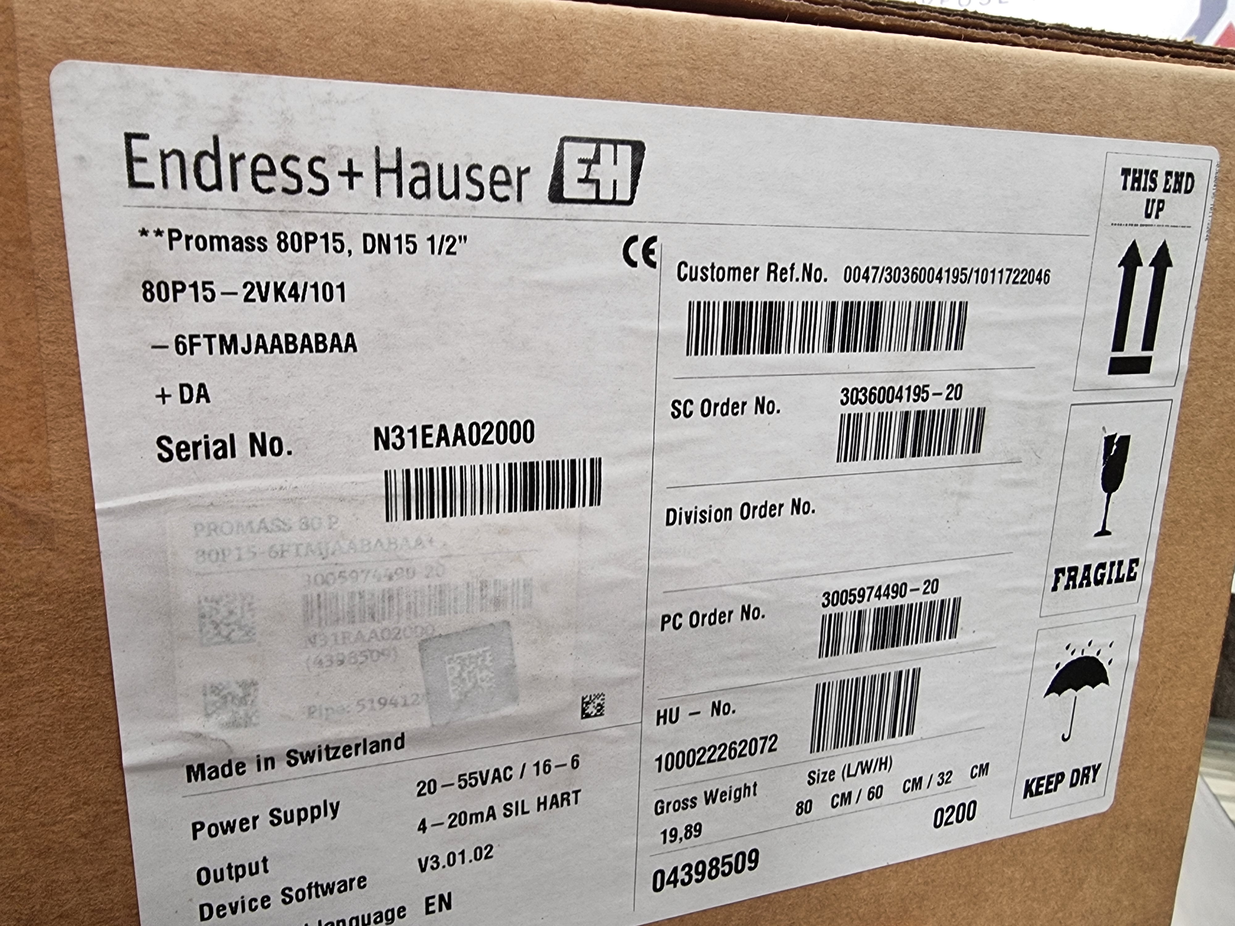 Endress Hauser Promass 80P15 Flowmeter | DN15 / 1/2" | 80P15-2VK4/101