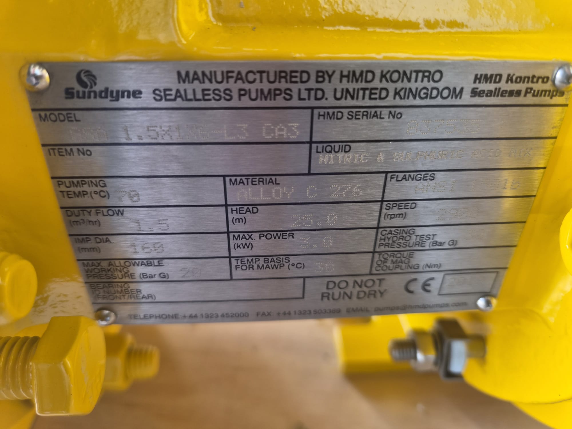 Sundyne HMD Kontro 1.5X1X6 Sealless Magnetic Drive Centrifugal Pump