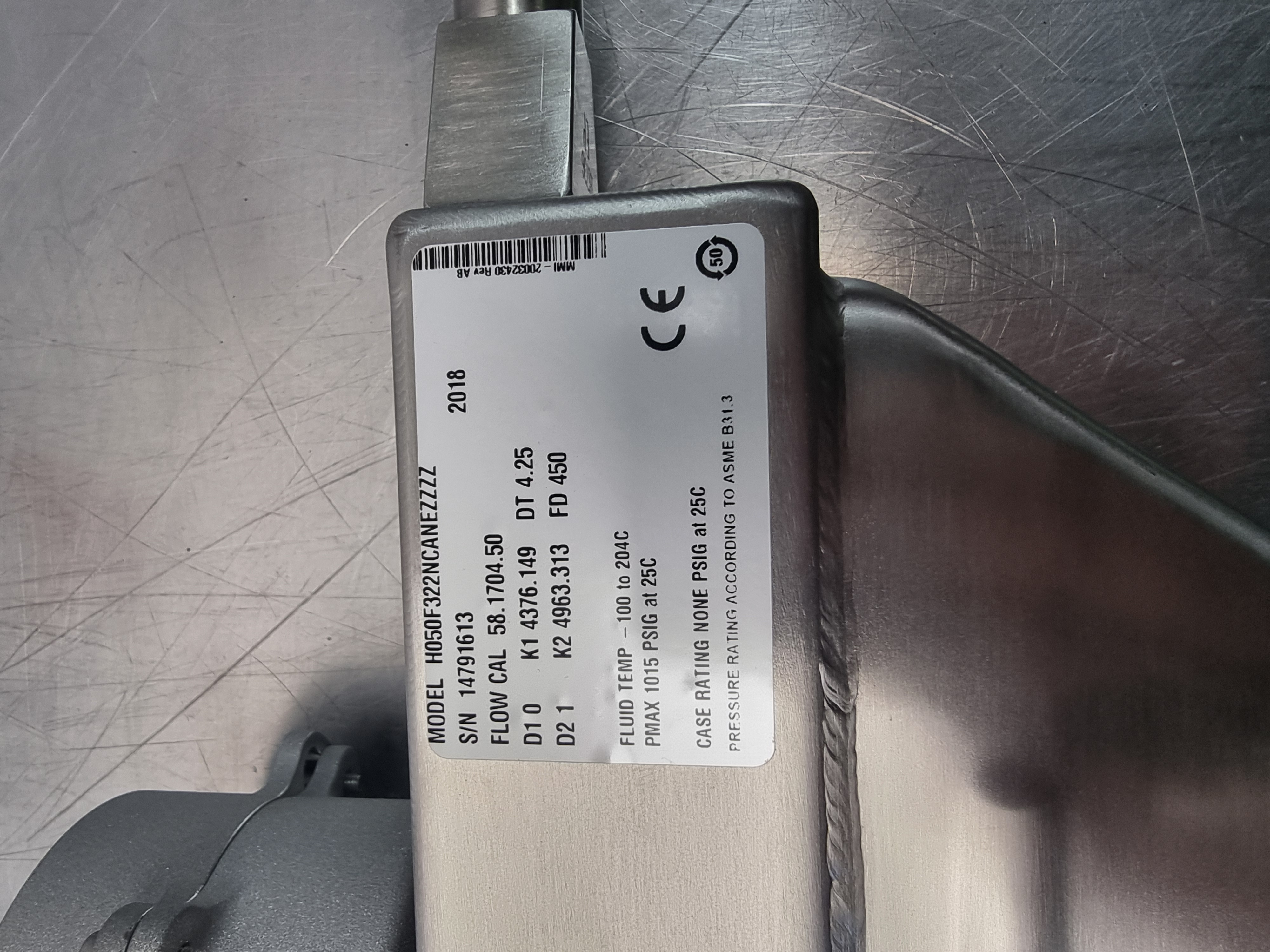 Micro Motion H-Series Hygienic Coriolis Flow Meter P/N: H050 F322NCANEZZZZ 1/2" Tri Clamp