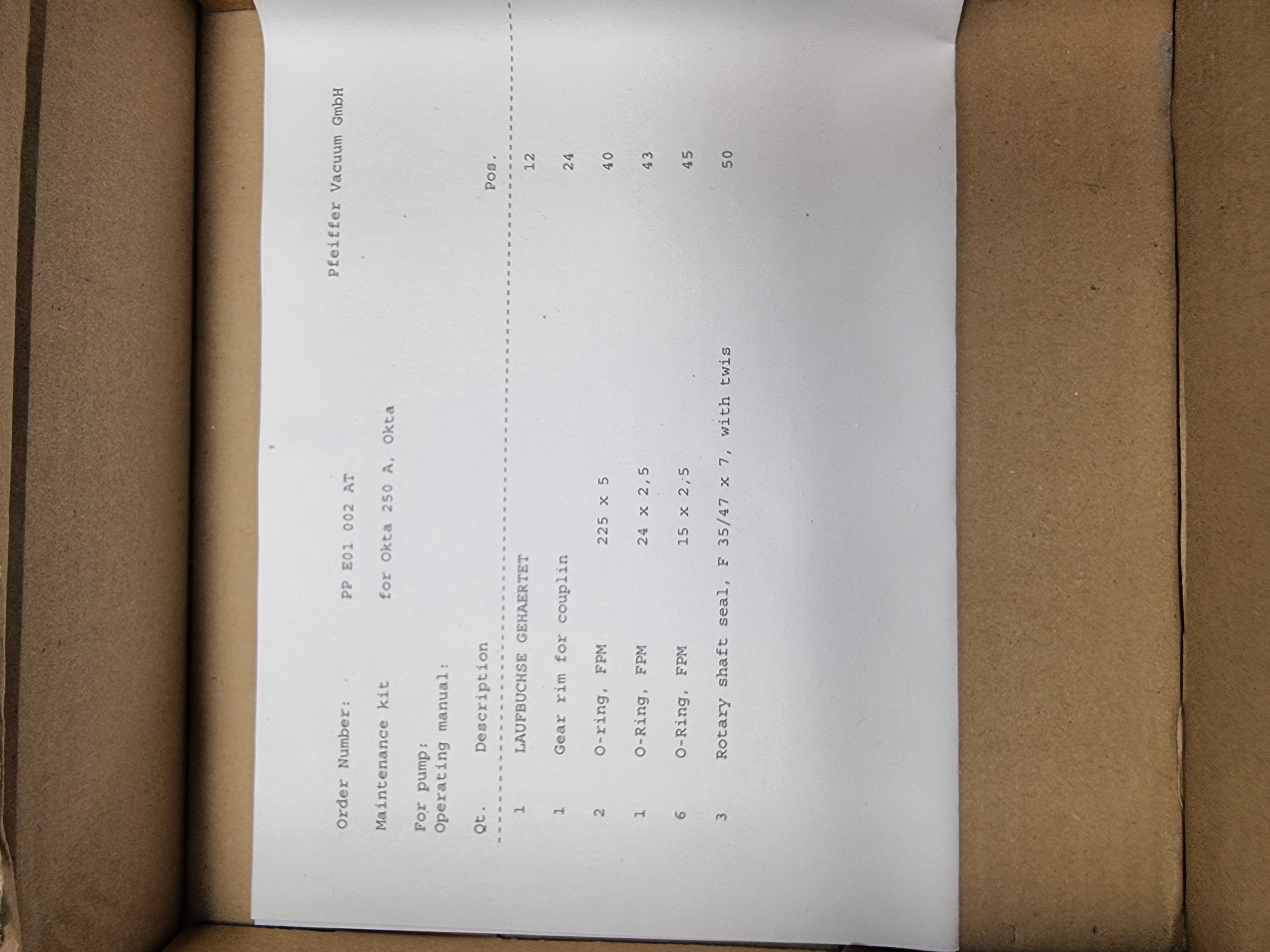 Used Pfeiffer Vacuum Booster Maintenance Kit Okta 250 A and OKTA 500 A  P/N: PP E01 002-AT