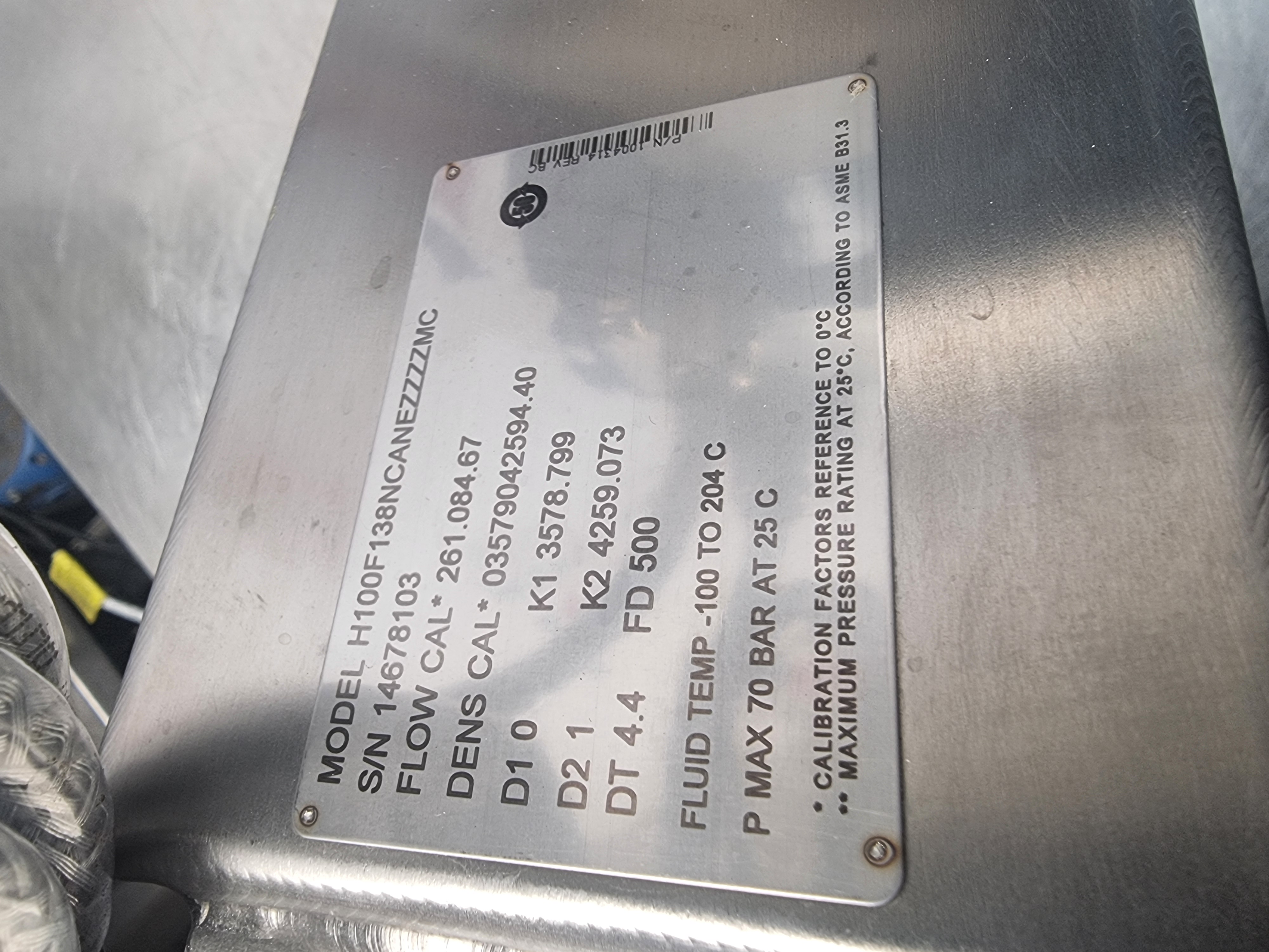 Used Micro Motion H100F138NCANEZZZZMC Mass Flow Sensor c/w 2700 Transmitter | 1" Tri Clamp