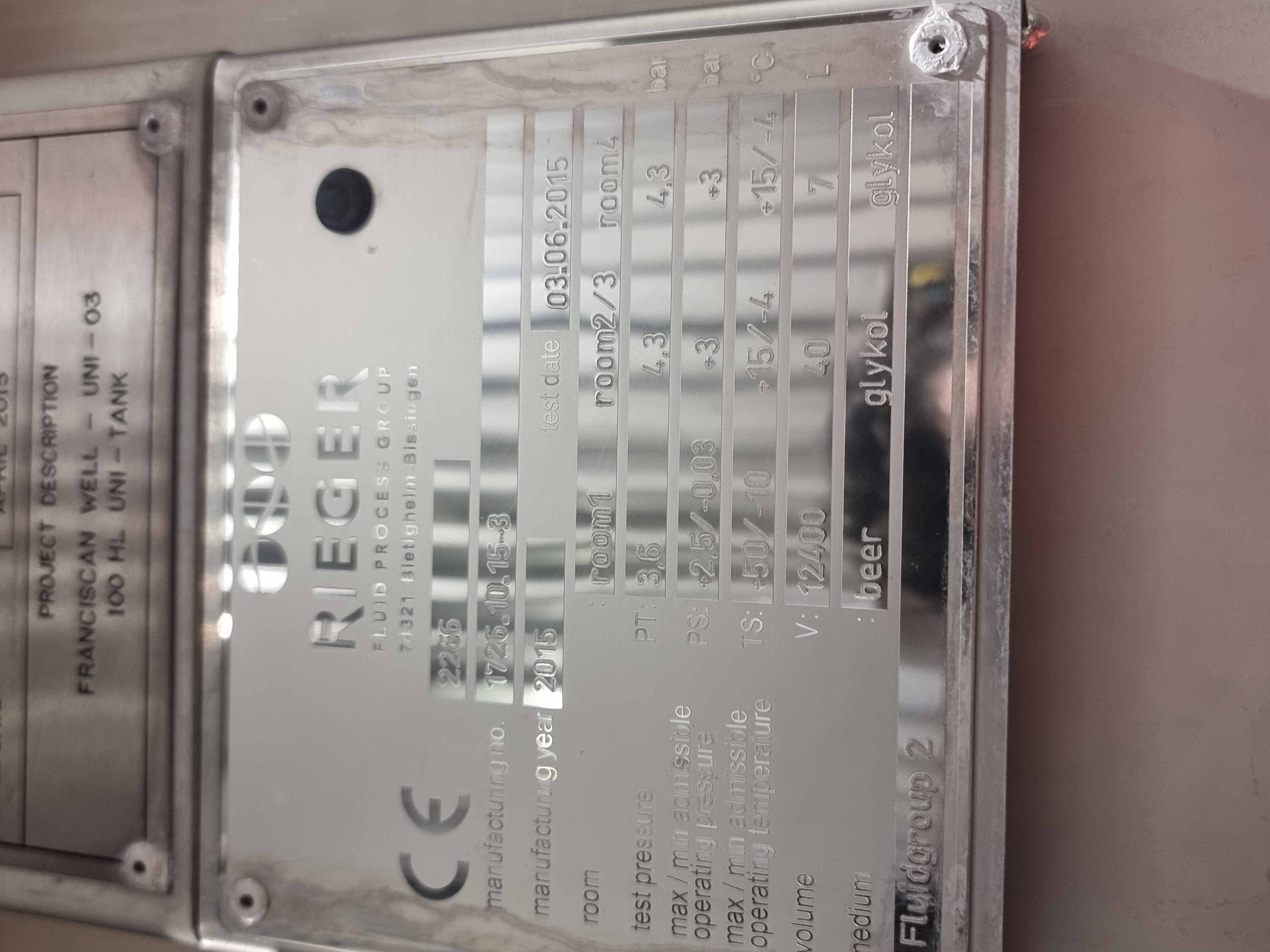 Used Reiger Fluid Processing Group 12,400 Litre Fermentation Tanks