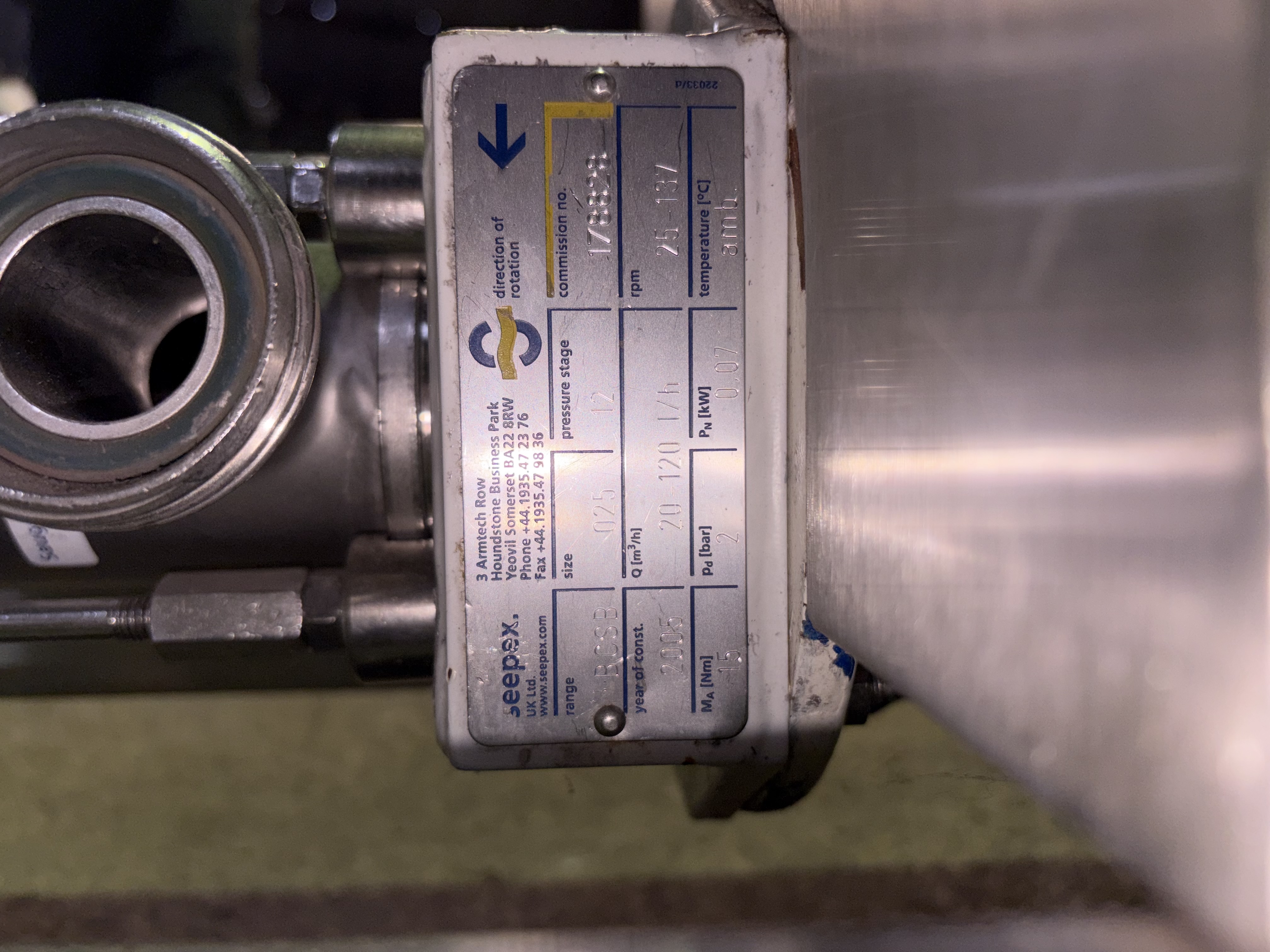 Used Seepex Food Grade & Hygienic Pump size .025 007 kW 2 BAR