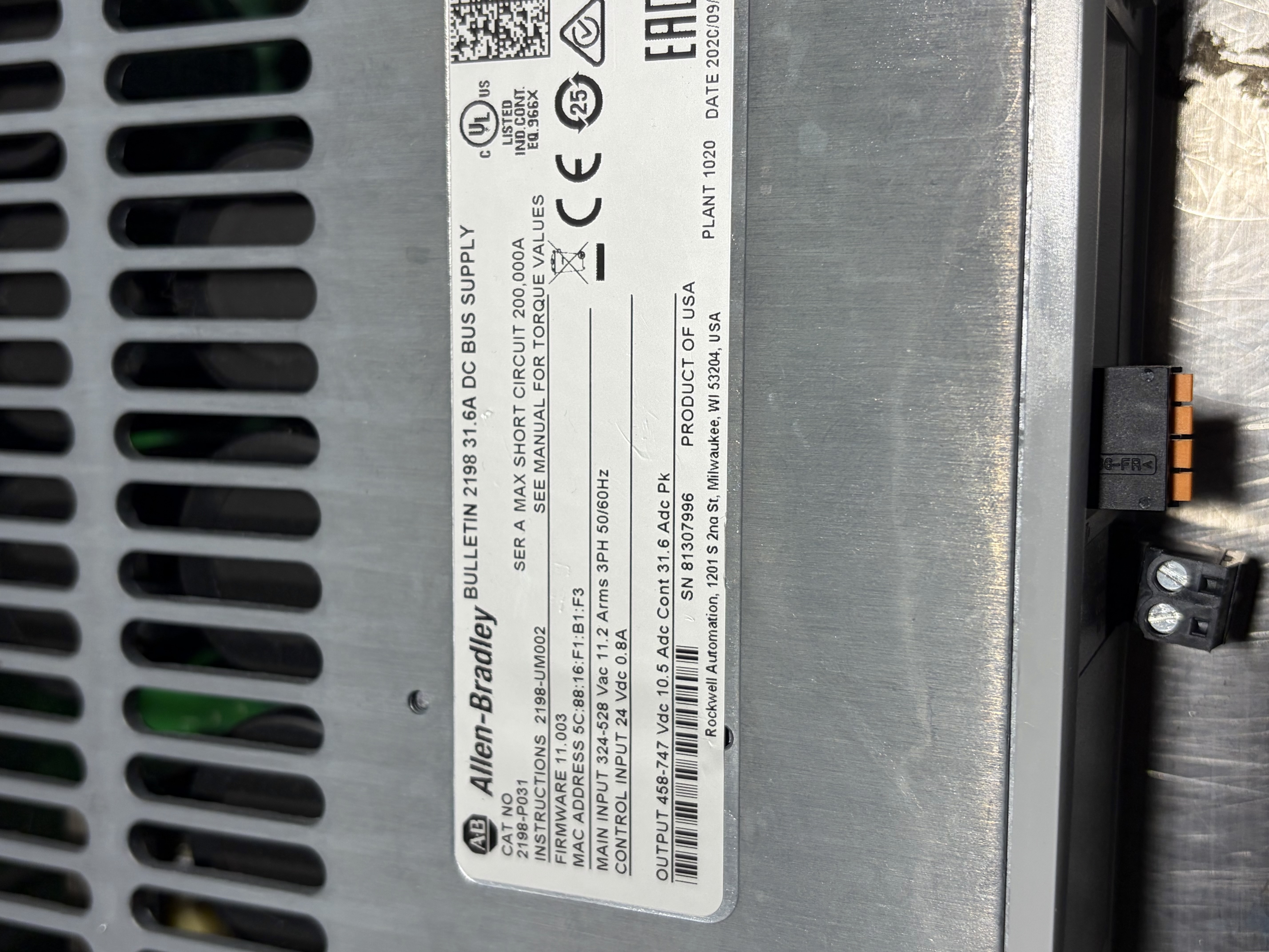 Used Allen Bradley Kinetix 570 Power Supply 2198-P031