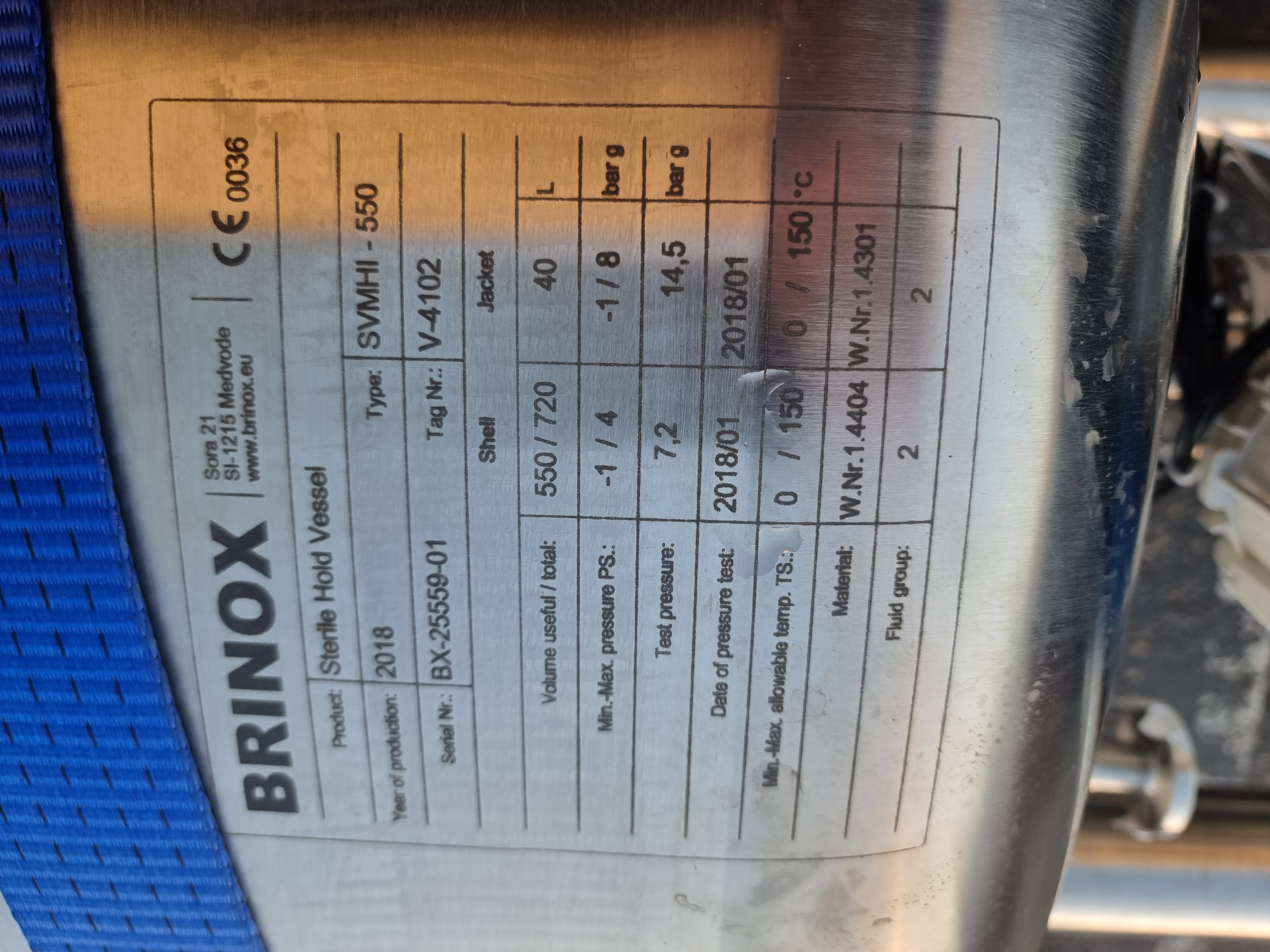 Used Brinox SVMHI-550 Sterile Hold Vessel | 550L Jacketed 316L Stainless Steel